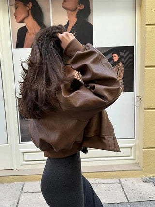 Short Leather Women's Jacket Casual Vintage O-neck Women Coat Loose Long Sleeve Women Jackets New Fashion Autumn Female Coats
