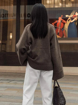Elegante solide V-Ausschnitt Tasche Strickjacke Frauen lässig lange Ärmel einreihige lose Pullover 2024 neue Herbst Dame Streetwear