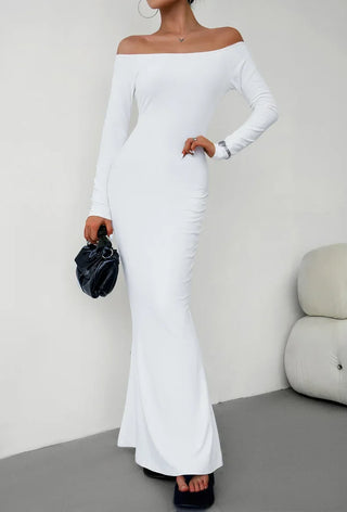 Slash Neck Long-sleeved Sexy Dress Solid Autumn Dress for Women Elegant Party Evening Dress Slim Long Dresses Casual Bodycone