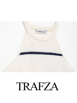 TRAFZA Summer Fashion Women Suit Stripe O-Neck Sleeveless Sweater Vest Tops+High Waist Elastic Waist Wide Leg Pants Female Sets