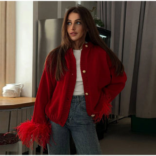 Feder gestrickte rote Strickjacke Frauen Mode einreihige lose O-Ausschnitt Langarm pullover Party Casual Club Chic Oberbekleidung