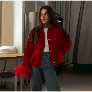 Rote Patchwork Feder Langarm gestrickte Strickjacke Frauen Mode o Hals schlanke dicke Wisch pullover weibliche Pendeln elegante Outfits