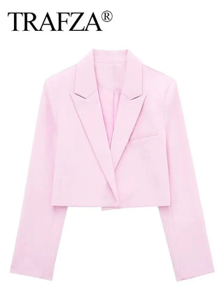 TRAFZA 2024 Women Elegant Solid Cropped Blazer Coat Long Sleeve Cardigan Jacket Fashion Female Casual Office Lady Blazers TRAF