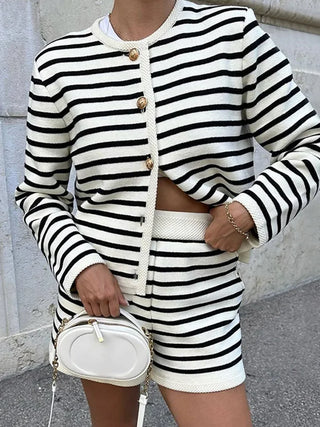 Knitted Cardigan Stripe Women's Suit Long Sleeve O Neck Single Breasted Casual Sweater 2024 Spring Lady Elastic Waist Shorts Set