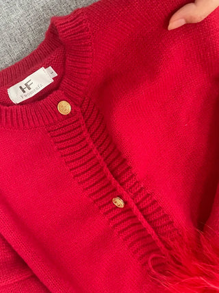 Feder gestrickte rote Strickjacke Frauen Mode einreihige lose O-Ausschnitt Langarm pullover Party Casual Club Chic Oberbekleidung