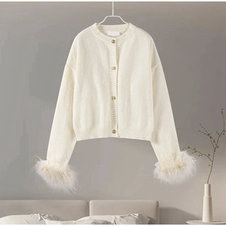 Feder gestrickte rote Strickjacke Frauen Mode einreihige lose O-Ausschnitt Langarm pullover Party Casual Club Chic Oberbekleidung