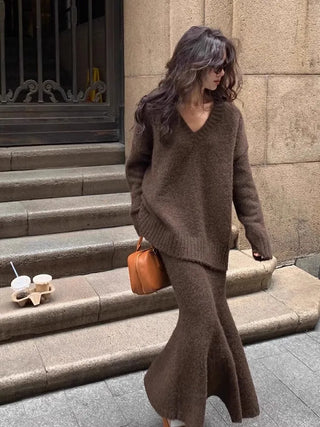 Französisch Stil Pullover Rock Set für Frauen Zwei Stück Set Herbst und Winter V-ausschnitt Pullover Gestrickte Top Halb Rock Casual Anzug neue