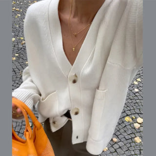 Elegante solide V-Ausschnitt Tasche Strickjacke Frauen lässig lange Ärmel einreihige lose Pullover 2024 neue Herbst Dame Streetwear