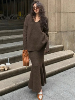 Französisch Stil Pullover Rock Set für Frauen Zwei Stück Set Herbst und Winter V-ausschnitt Pullover Gestrickte Top Halb Rock Casual Anzug neue