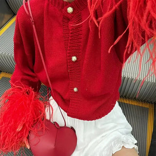 Rote Patchwork Feder Langarm gestrickte Strickjacke Frauen Mode o Hals schlanke dicke Wisch pullover weibliche Pendeln elegante Outfits