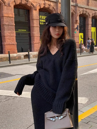 Französisch Stil Pullover Rock Set für Frauen Zwei Stück Set Herbst und Winter V-ausschnitt Pullover Gestrickte Top Halb Rock Casual Anzug neue