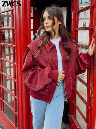 Wine Red Zipper Leather Jacket Women Casual Long Sleeve Lapel Cropped Coat 2024 Autumn New Lady Vintage Fashion Tops Outerwear
