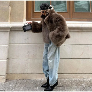 Mode Frauen Kunst pelz Jacke flauschig warm Langarm Revers weiblich kurz geschnittenen Mantel 2024 Winter solide Dame Straße Oberbekleidung